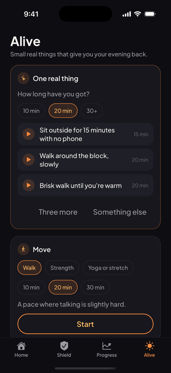 The Alive tab: one real thing and move