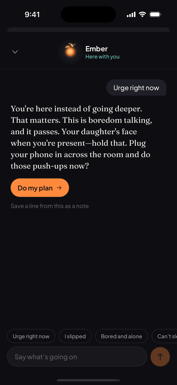 A chat with Ember: a short, personal reply ending with Do my plan