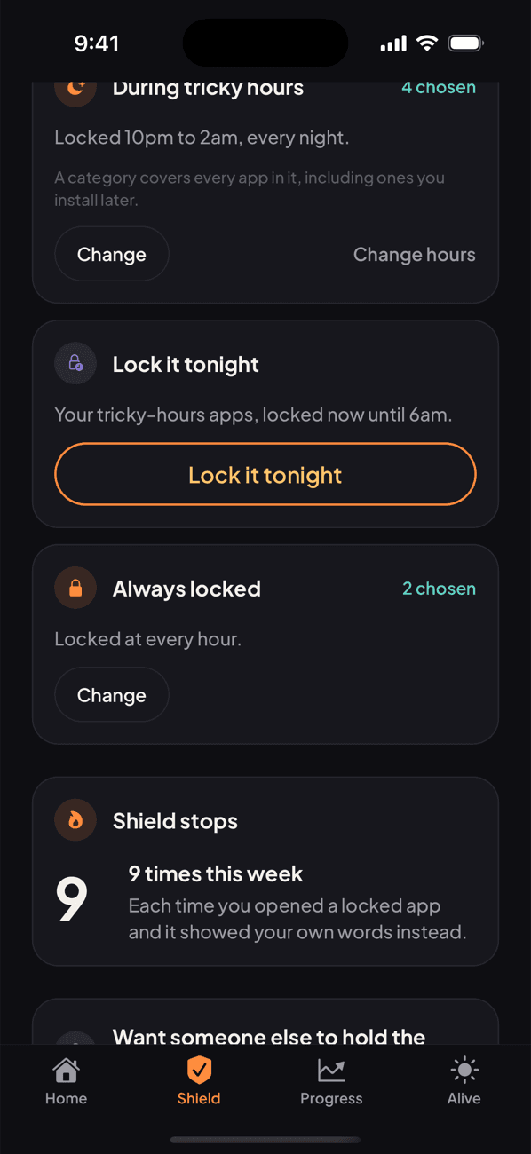 Shield: apps locked during tricky hours and always