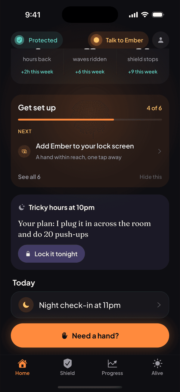 Home: the Tonight card with tricky hours, the plan, and Lock it tonight
